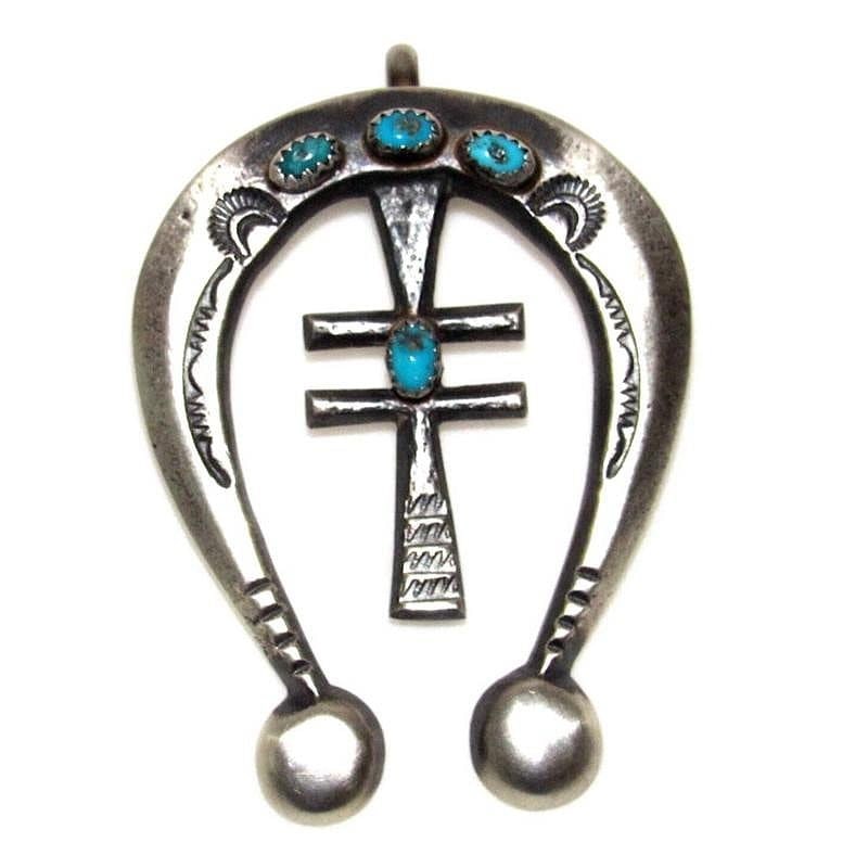 Navajo Sterling Pueblo Cross Turquoise Naja Pendant By Victor Cayatineto (1 of 3)