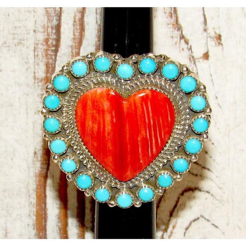 Massive Navajo Cluster Heart Ring Red Spiny & Turquoise Sterling Size 8 Adjustable (1 of 5)