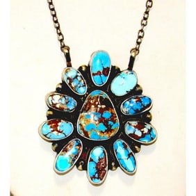 Navajo Golden Hills Turquoise Cluster Bar Necklace Sterling Silver T. Long