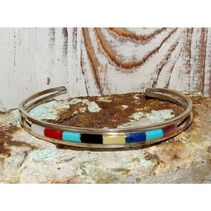 Zuni Turquoise Coral Inlay Stacker Cuff Bracelet Sterling A. Wallace: Fab Native American Zuni sterling silver and Sleeping Beauty mine turquoise, coral, mother of pearl, lapis inlay cuff bracelet by A. Wallace. Dainty cuff bracelet with a traditional inlay design in st