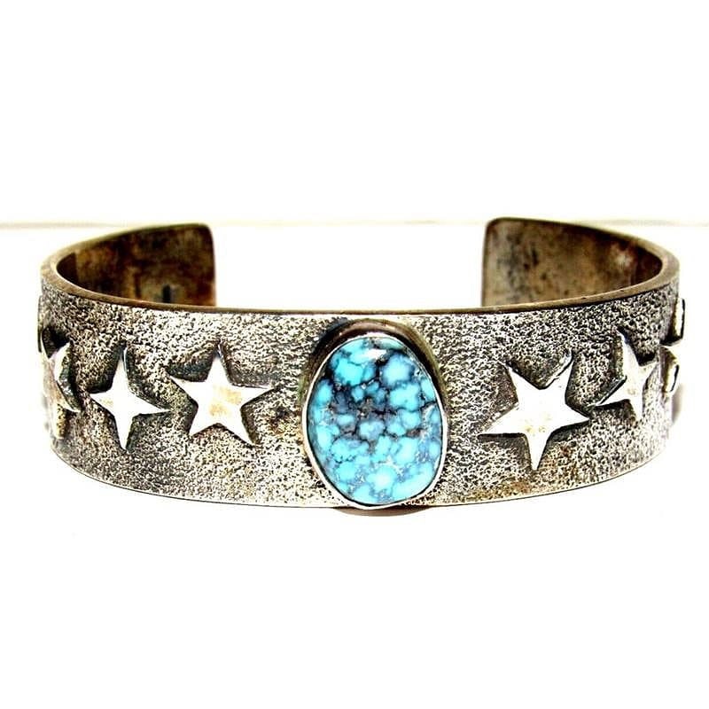 Navajo Kingman Turquoise Tufa Cast Sterling Stars Bracelet 7" Kevin Yazzie (1 of 7)