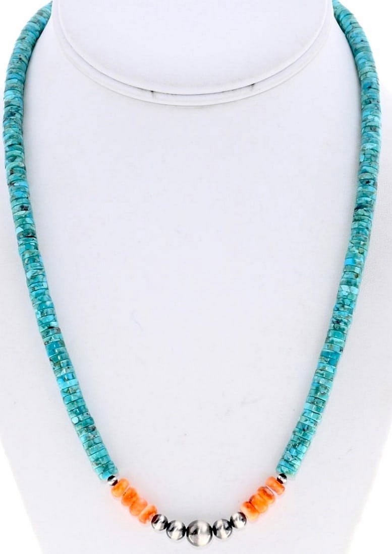Navajo Turquoise Heishi Necklace Spiny Oyster Navajo Pearls: Navajo Turquoise Heishi Necklace Spiny Oyster Navajo Pearls. The necklace has been hand crafted with 4mm Turquoise Heishi beads accented with 6mm Orange Spiny Oyster in the center and round sterling s