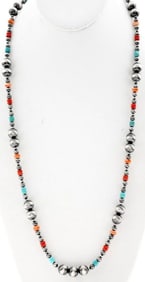 Navajo Pearls Necklace Sterling Silver Turquoise Spiny Graduated Beads