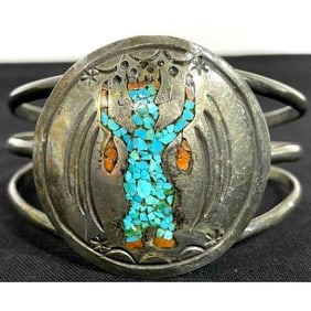 Vintage Navajo Turquoise Coral Kachina Bracelet Sterling Silver Cuff