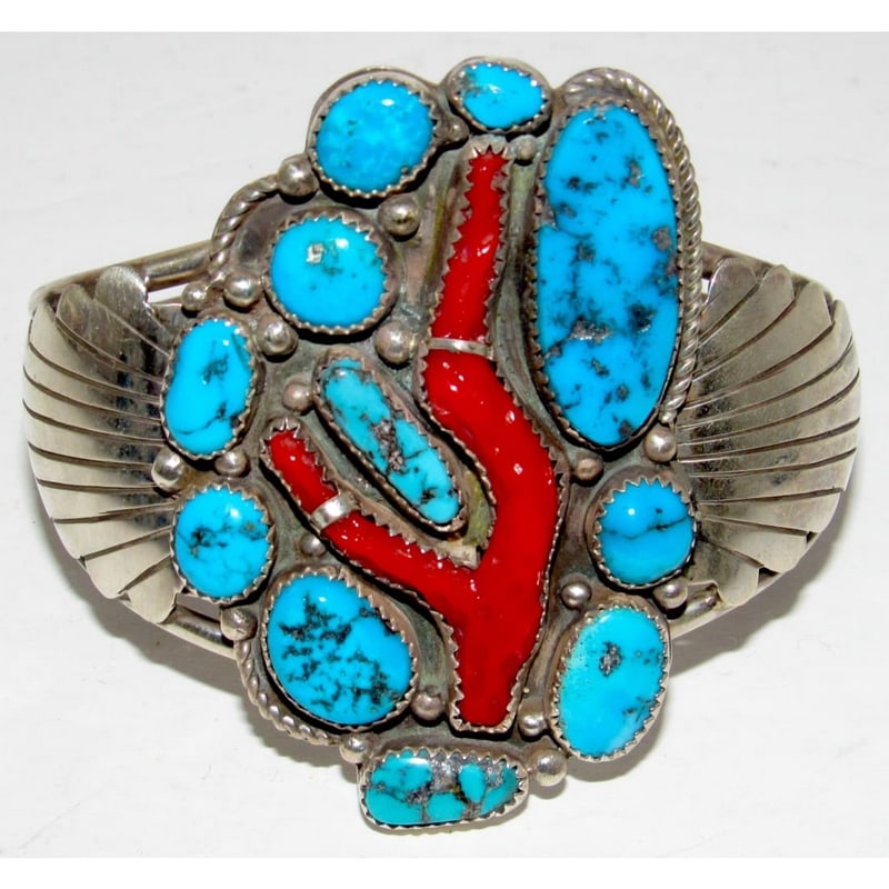 Spectacular Early Navajo Turquoise Coral Sterling Silver Cuff Bracelet (1 of 6)
