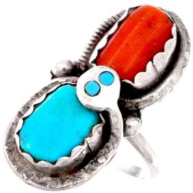Vintage Zuni Snake Ring Sz 8 Turquoise Coral Sterling Silver Effie Calavaza
