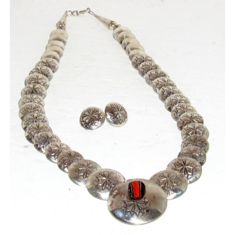 Vintage Navajo Pearls Reversible Necklace Earrings Coral Ingot Pillow Beads Sterling (1 of 6)