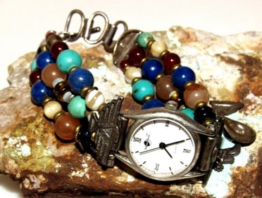 Southwestern Traditions Sterling Turquoise Lapis Beads Charms Watch