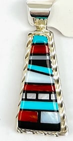 Zuni Turquoise Coral Stone Inlay Pendant Sterling Silver Victor Martza