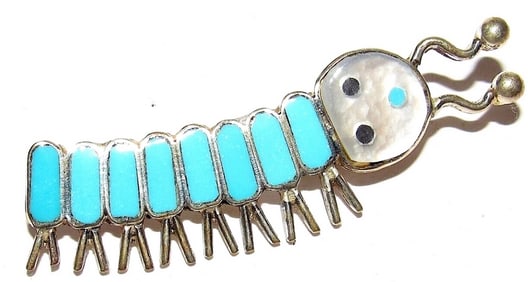 Zuni Caterpillar Pin Brooch Sterling Silver Turquoise Mother of Pearl
