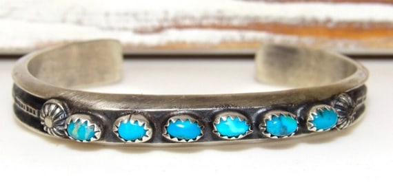 Navajo Kingman Turquoise Stacker Cuff Bracelet Sterling Silver M. Cayatineto