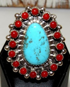 Navajo Turquoise Coral Cluster Ring Size 10.5 Sterling Silver Signed Native