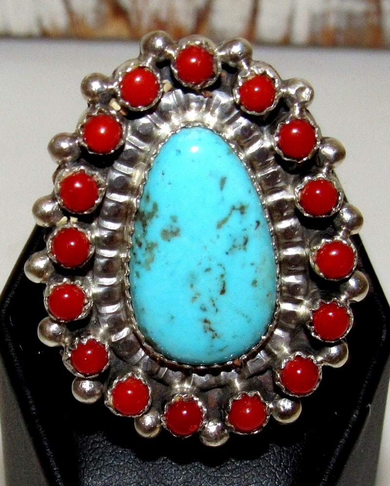 Navajo Turquoise Coral Cluster Ring Size 10.5 Sterling Silver Signed Native (1 of 4)