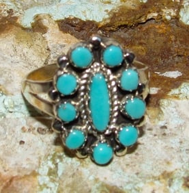 Zuni Turquoise Cluster Ring Sz 9 Sterling Silver Native American