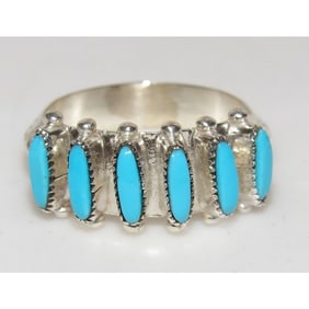 Zuni Sleeping Beauty Turquoise Ring Sz 7.5 Petite Point Design Sterling Silver