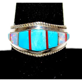 Zuni Turquoise Opal Coral Inlay Ring Sz 7.5 Sterling Silver D. Luna