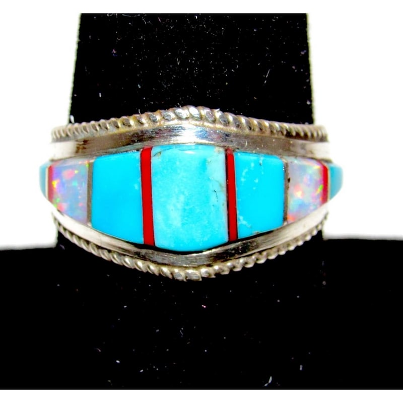 Zuni Turquoise Opal Coral Inlay Ring Sz 7.5 Sterling Silver D. Luna (1 of 3)