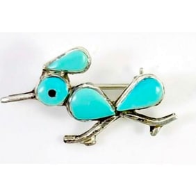 VTG Zuni Turquoise Roadrunner Brooch Pin Sterling Silver
