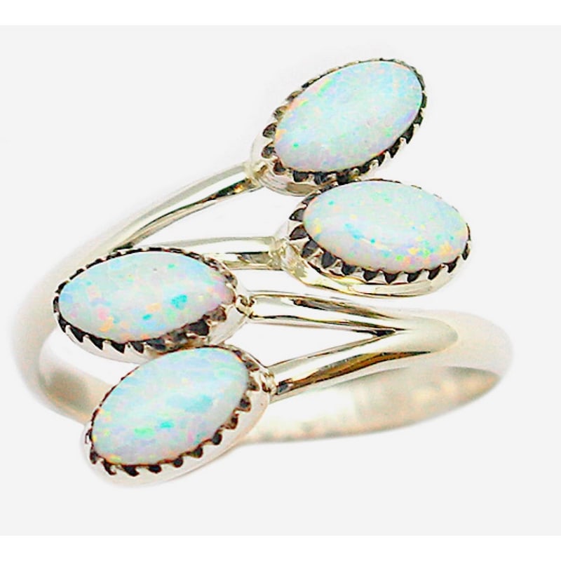 Navajo Opal Ring Size 8 Adjustable Sterling Silver Native American: For your consideration is this wonderful Navajo sterling silver and shimmery opal statement adjustable ring in size 8. The ring features 4 shimmery opal cabs on the front set in sterling silver settin