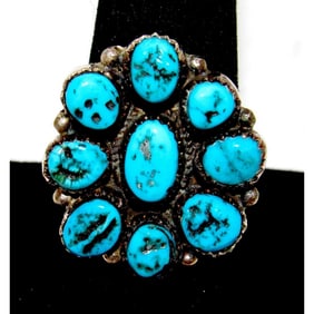 Navajo Kingman Turquoise Cluster Ring Sz 8.5 Sterling Silver Native Signed