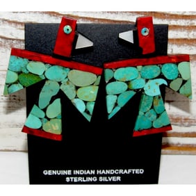 Kewa Santo Domingo Thunderbird Earrings Turquoise Coral D. Crespin
