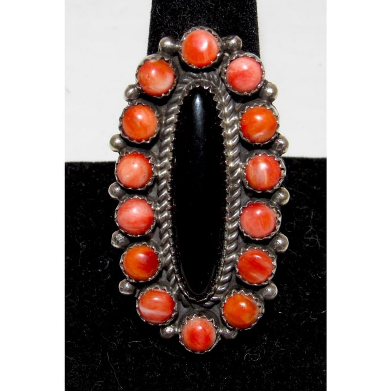Navajo Onyx Red Orange Spiny Cluster Ring Sz 10 Sterling Silver P. Yazzie (1 of 5)