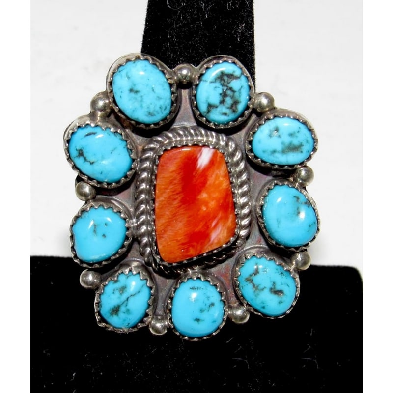 Navajo Cluster Ring Sz 7 Orange Spiny Oyster Kingman Turquoise Sterling Silver (1 of 4)