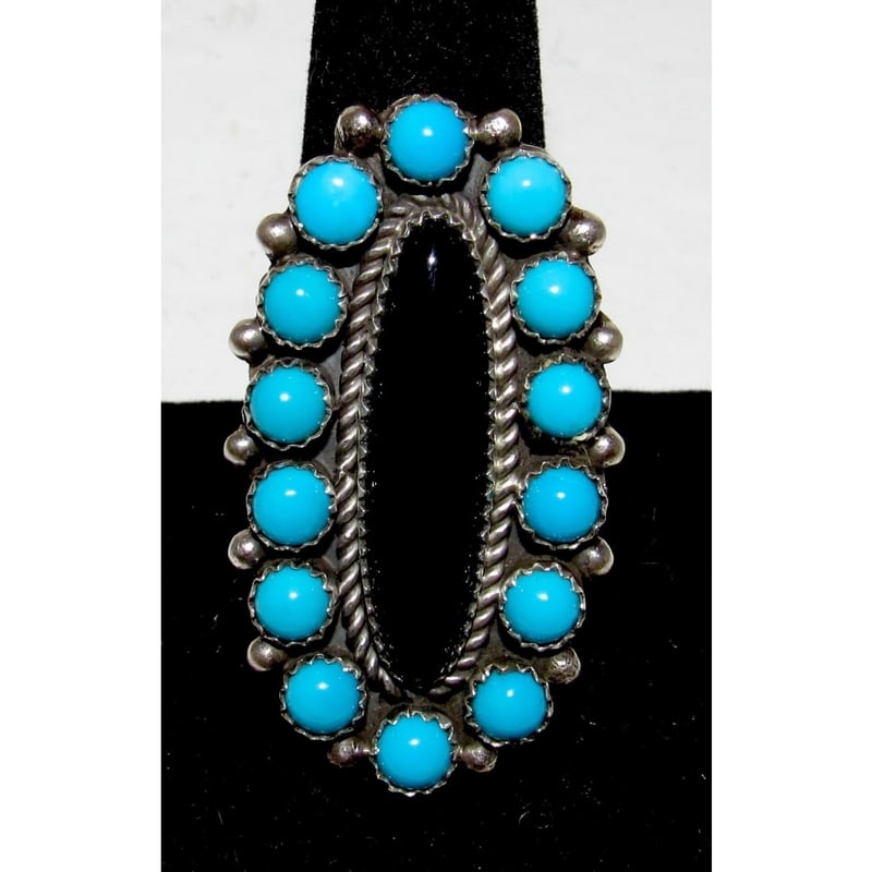 Navajo Onyx Turquoise Cluster Ring Sz 10 Sterling Silver P. Yazzie (1 of 5)