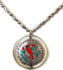 Old Pawn Zuni Inlay Cardinal Hummingbird Necklace Turquoise Coral Inlay Vintage