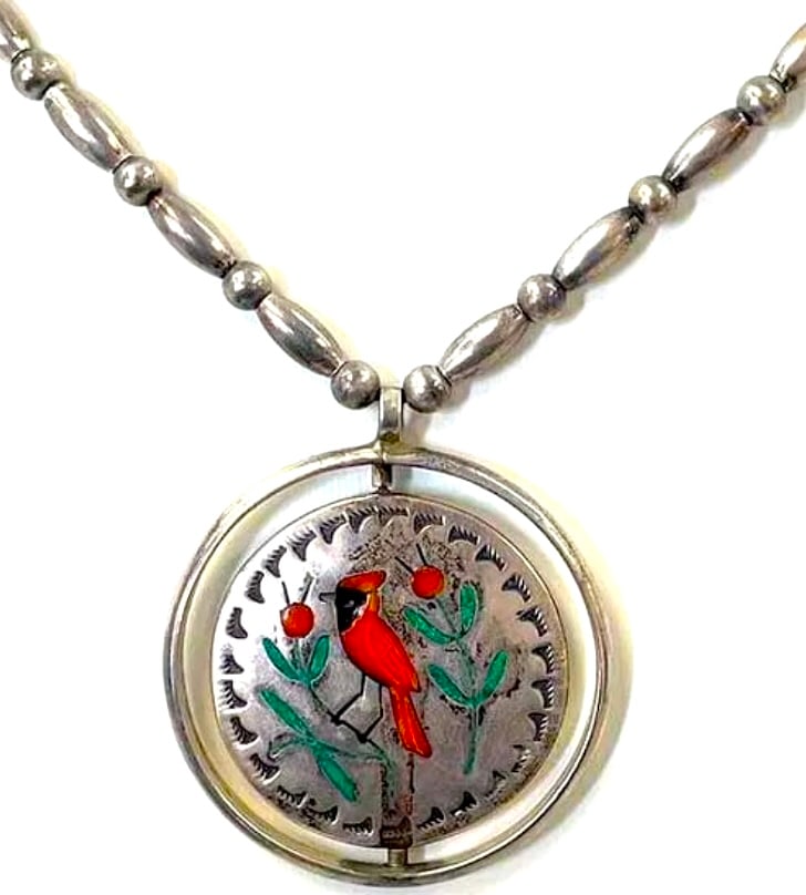 Old Pawn Zuni Inlay Cardinal Hummingbird Necklace Turquoise Coral Inlay Vintage: Exceptional Zuni old pawn sterling silver beaded necklace featuring a rare double-sided inlay pendant with a bird motif - cardinal/hummingbird. The circular pendant features fine stone inlay using tur
