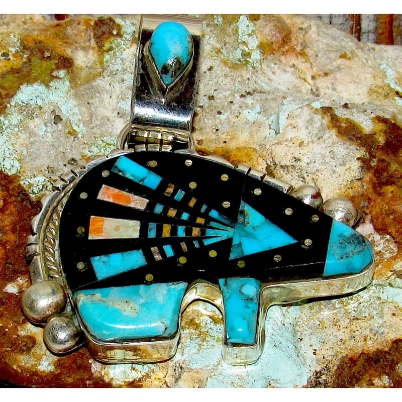 Navajo Ray Jack Bear Pendant Turquoise Spiny Jet Inlay Native American Signed (1 of 3)