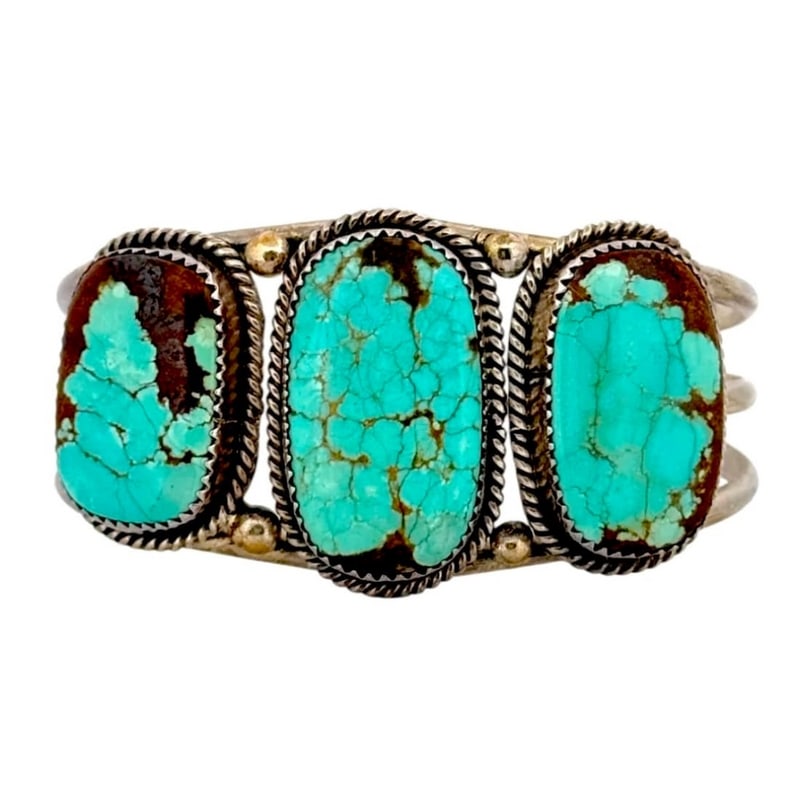 Vintage Navajo Royston Turquoise Statement Cuff Bracelet Sterling Silver: Stunning vintage Navajo Royston Turquoise Statement Cuff Bracelet Sterling Silver. The cuff features a traditional design in sterling silver and three amazing larger natural Royston turquoise cabochon