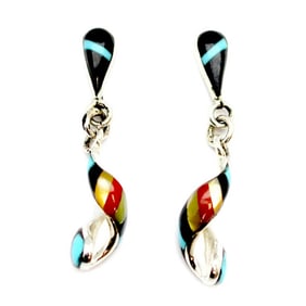 Zuni Inlay Spiral Hoop Earrings Turquoise Coral MOP Sterling Silver Edaakie