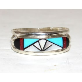 Vintage Zuni Coral Turquoise Inlay Band Ring Size 7 Sterling Silver