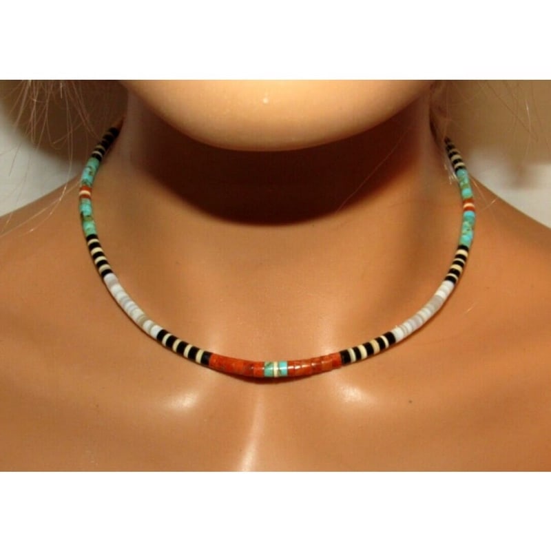 Santo Domingo Rolled Shell Orange Spiny & Turquoise Heishi Choker Necklace 16"L: Stunning Santo Domingo pen shell, orange spiny & Kingman turquoise rolled heishi beads choker necklace with sterling silver clasp by the Santo Domingo artist J. Tenorio. Measures about 16" long. Gorge