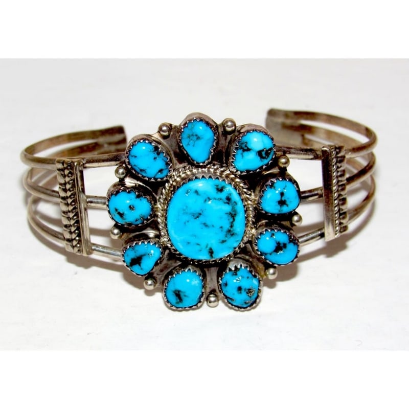 Navajo Kingman Turquoise Cluster Cuff Bracelet Sterling Silver 7" Wrist (1 of 4)
