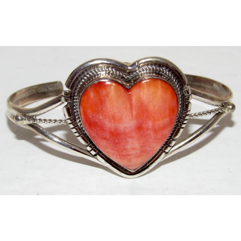 Navajo Red Orange Spiny Heart Bracelet Stacker Sterling Silver Cuff P. Skeets (1 of 5)