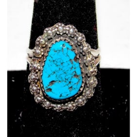 Navajo Kingman Turquoise Statement Ring Sz 7.5 Sterling Silver Signed Native