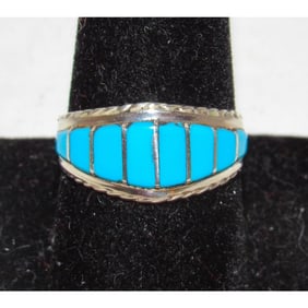 Zuni Turquoise Inlay Ring Sz 9 Sterling Silver M. Peynesta Native American