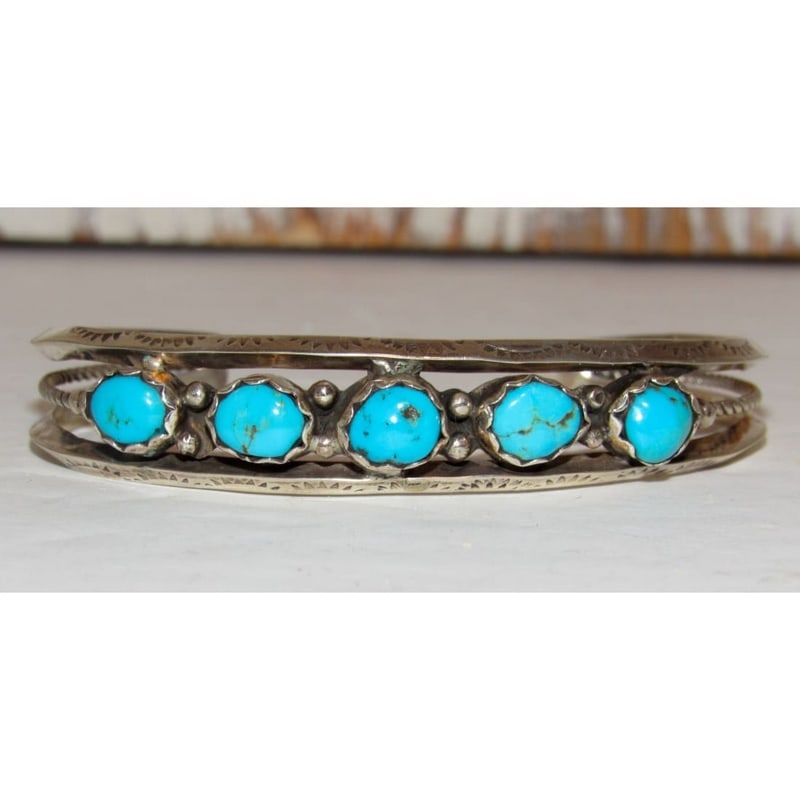 Navajo Blue Royston Turquoise Stacker Cuff Bracelet Sterling Silver Signed (1 of 6)