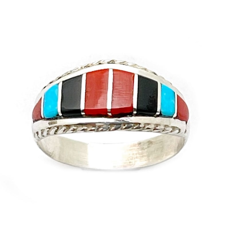 Zuni Coral Inlay Ring Sz 9 Sterling Silver M. Peynesta Native American (1 of 3)