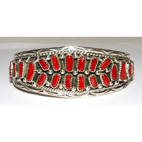 Navajo Mediterranean Coral Cuff Cluster Bracelet Sterling Silver Signed