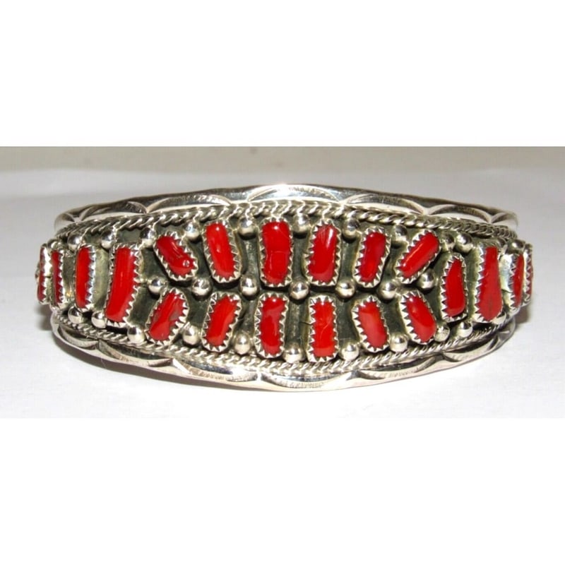 Navajo Mediterranean Coral Cuff Cluster Bracelet Sterling Silver Signed: For your consideration is this fabulous Navajo sterling silver and free form Mediterranean coral statement cuff bracelet. The bracelet features a traditional hand etched tribal design in sterling silv