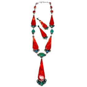 Navajo Turquoise Red Spiny Lariat Necklace Earrings Set Vernon Clarissa Hale