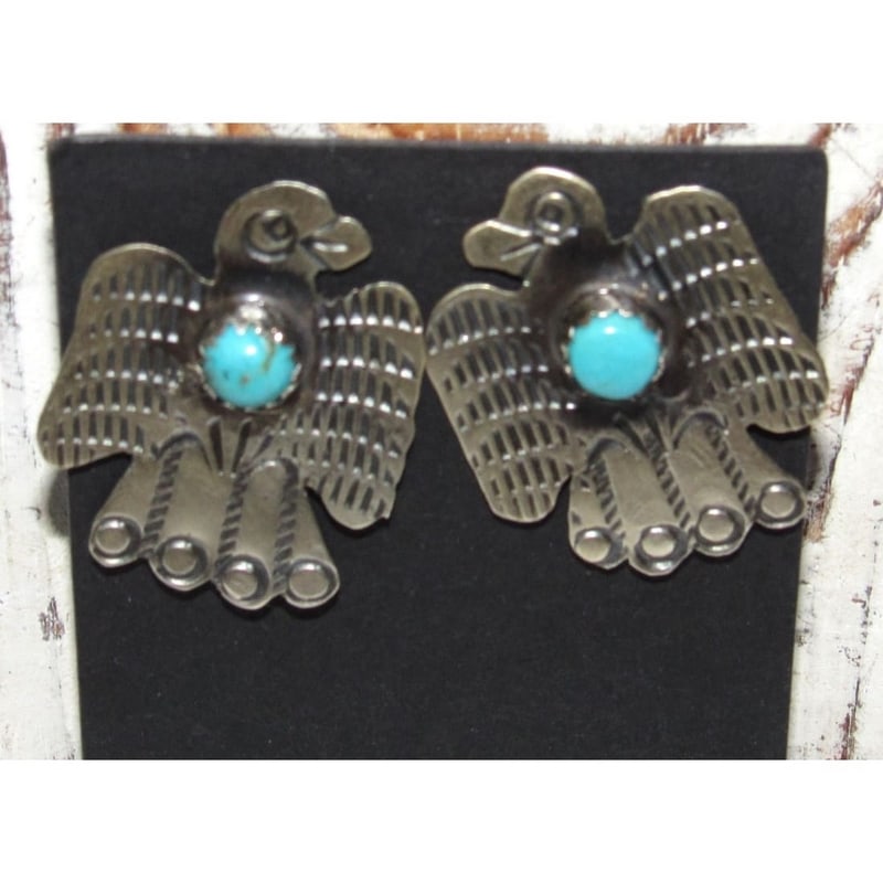 Vintage Navajo Thunderbird Post Earrings Sterling Silver Turquoise (1 of 3)
