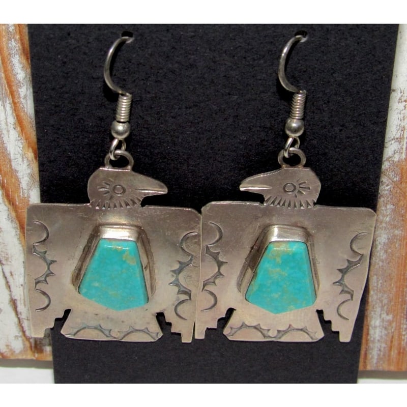 Vintage Navajo Thunderbird Earrings Sterling Silver Royston Turquoise (1 of 3)