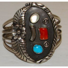 Navajo Turquoise Coral MOP Sterling Silver Cuff Bracelet Joelias Draper