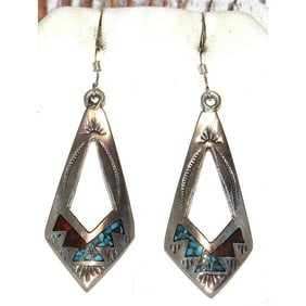 Navajo Dangle Earrings Tribal Design Turquoise Coral Inlay J. Yazzie