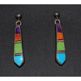 Vintage Zuni Inlay Dangle Earrings Turquoise Spiny Oyster Sterling Silver