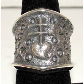 Navajo Kevin Yazzie Pueblo Cross Ring Size 8 Sand Cast Tufa Cast Sterling Silver